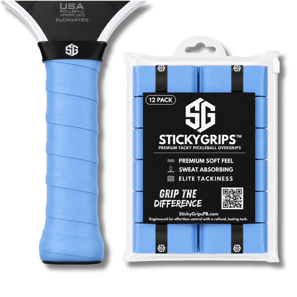 Blue StickyGrips 12-pack beside a wrapped paddle handle